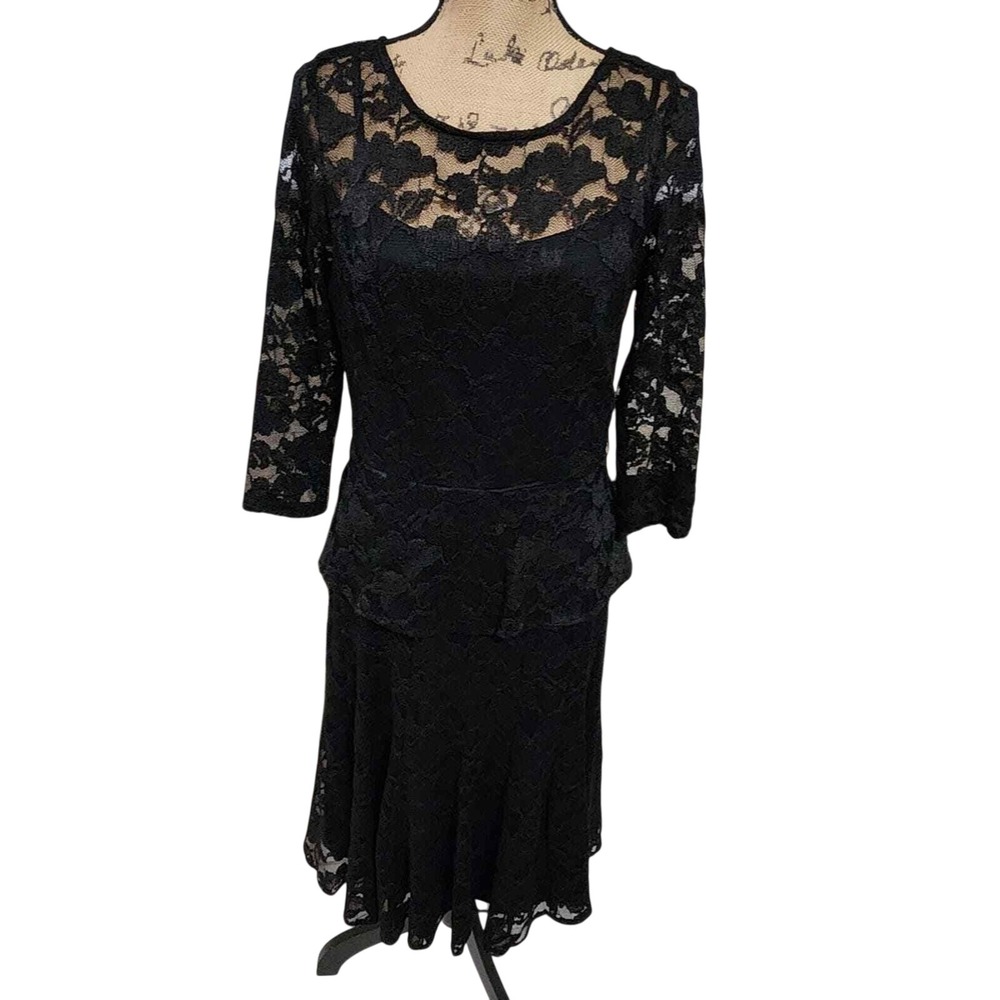 Leslie Fay vintage Black lace long sleeve 40s 50s vibes dress size 8 medium